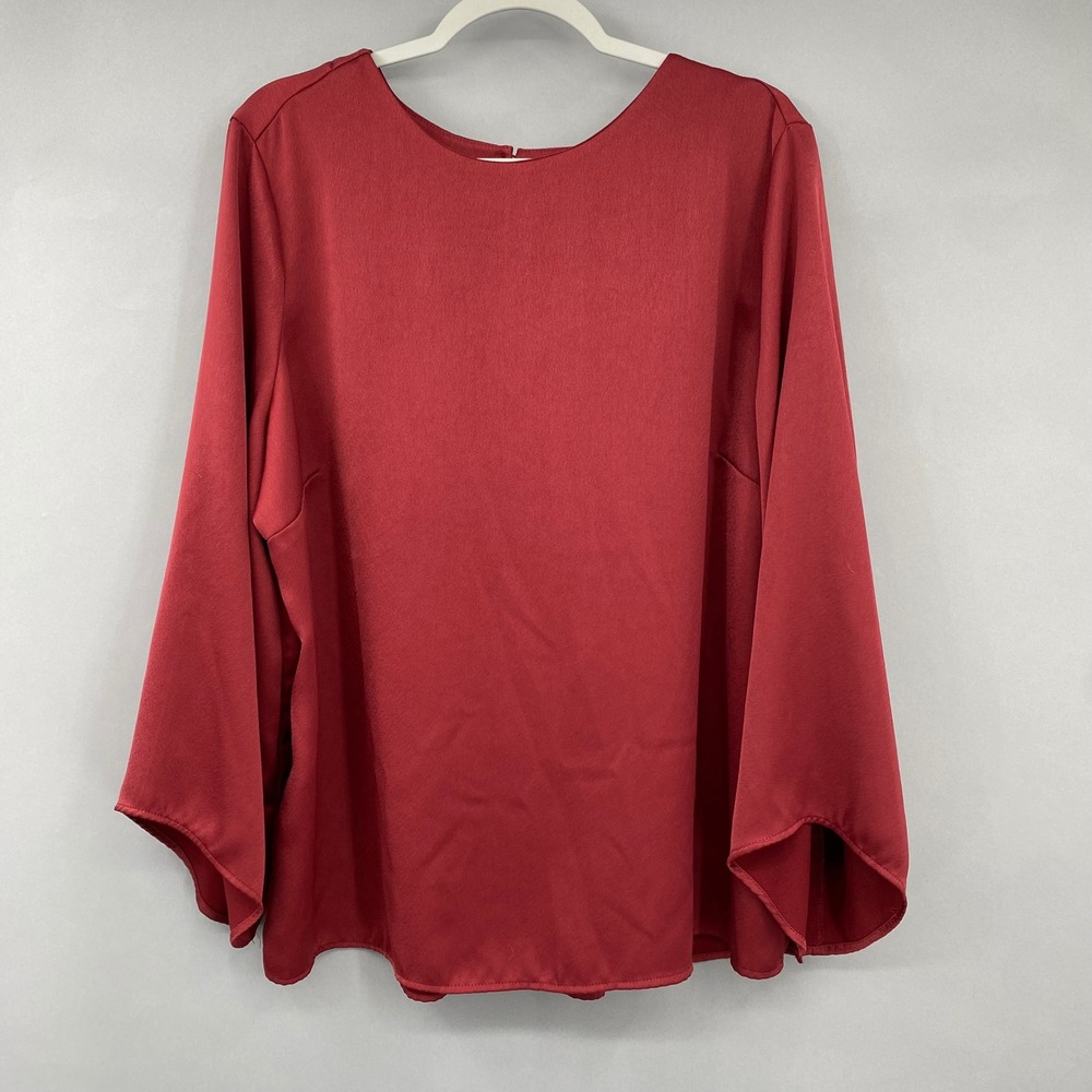 Chico's Orange Red Satin Bell Sleeve Blouse Open Back‎ Top Size 3 XL Date Night